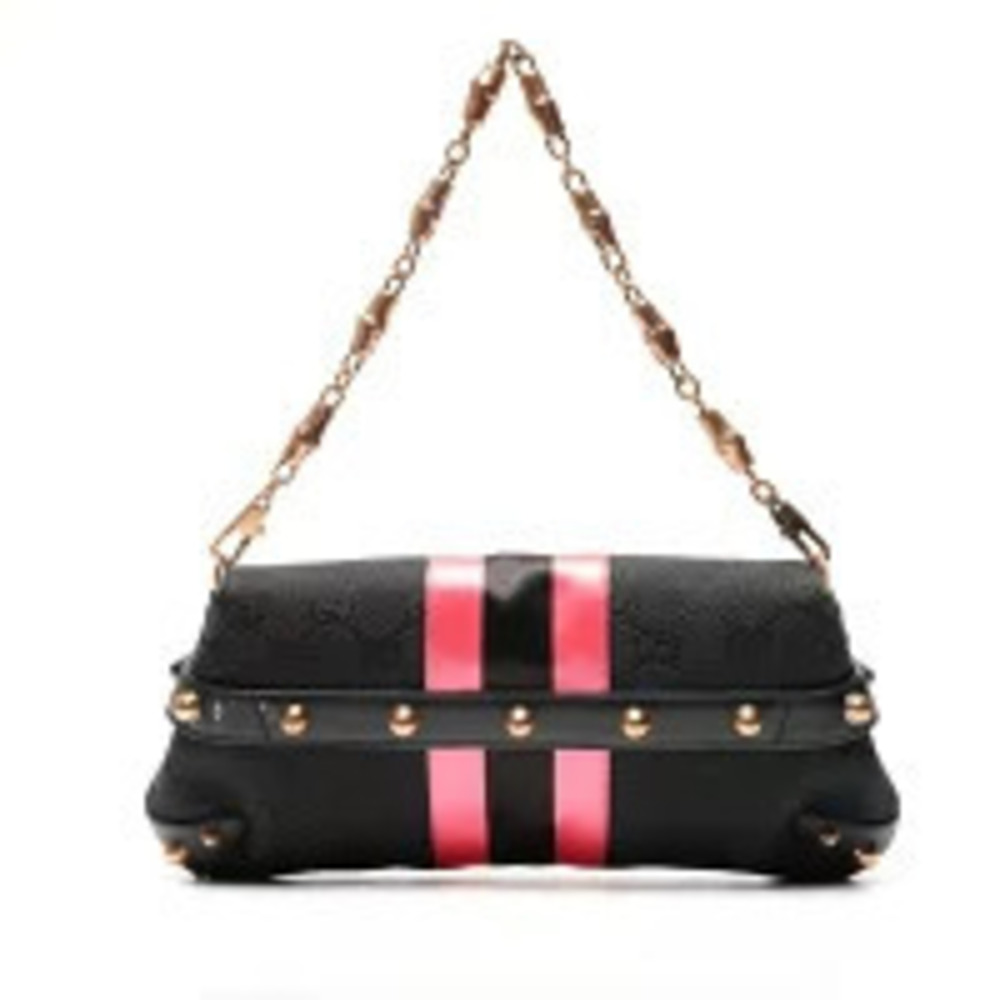 Gucci Black Canvas Hobo Horsebit Pink GG One Shoulder Bag